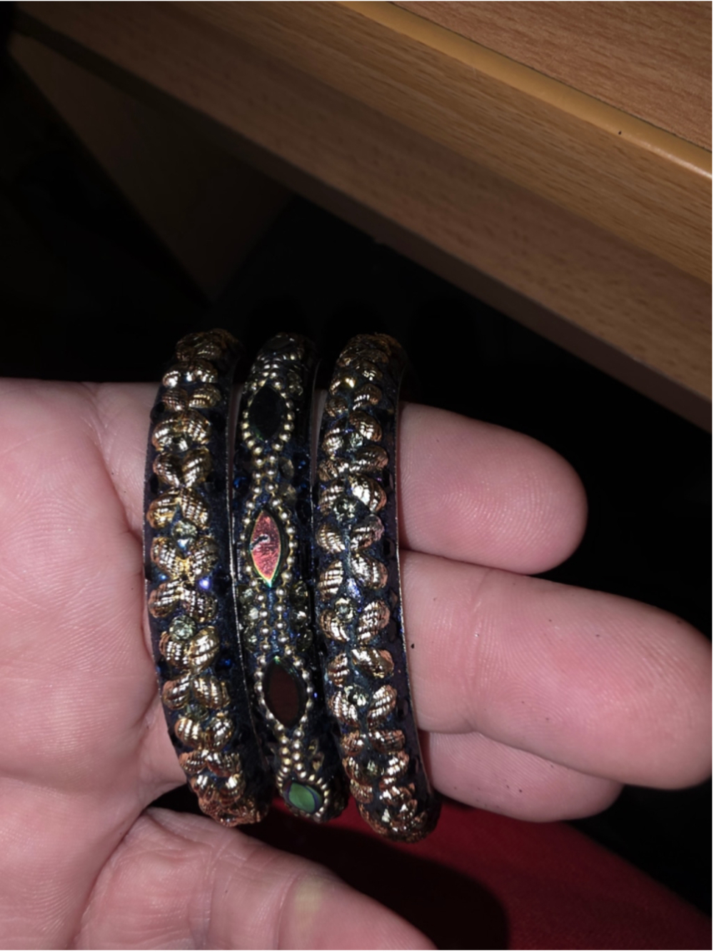 3pc Blue Gold Crystal Beaded Bangle Bracelet Set Boho Statement Jewelry